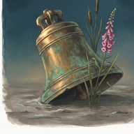 Mosswater app icon: a bronze bell half sunk in silt with reeds and a foxglove growing through it.