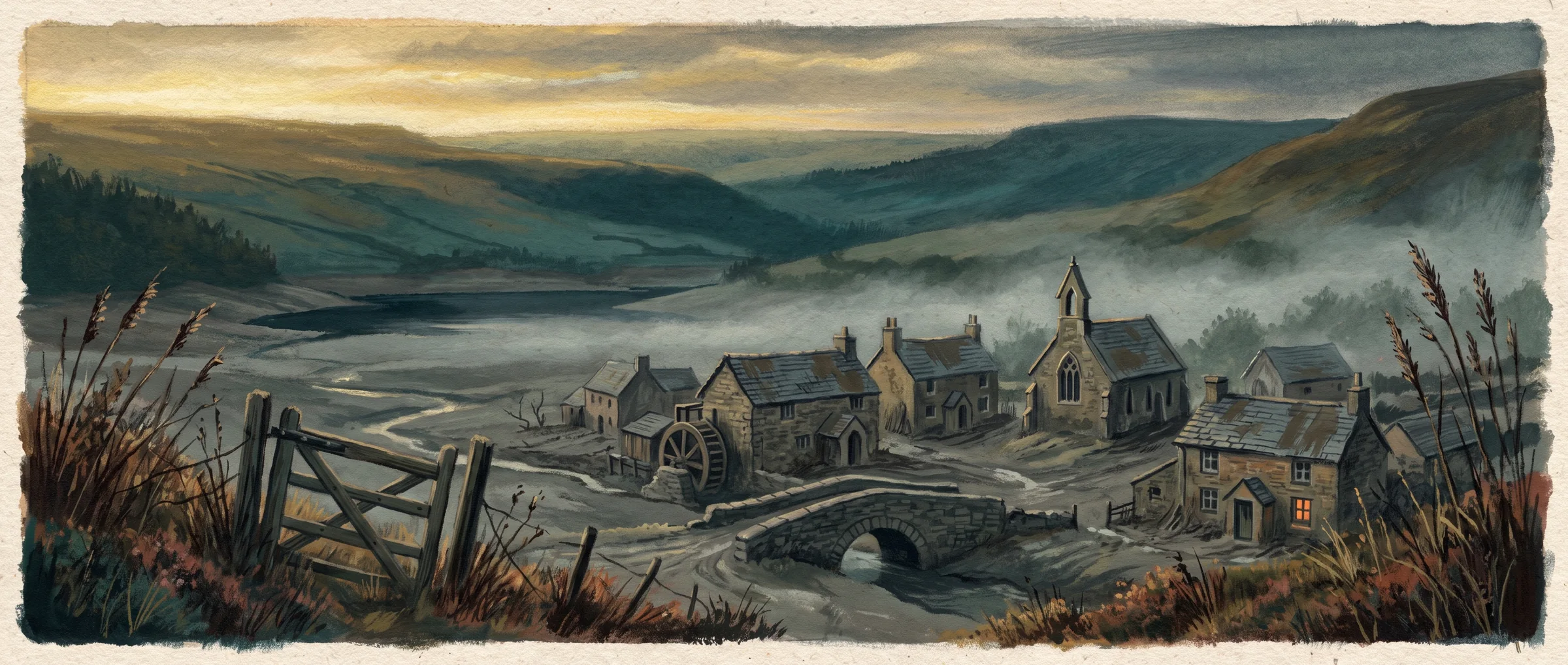 Dawn over a drained reservoir valley: the stone village of Mosswater re-emerged from grey silt, chapel spire and mill wheel catching low gold light.