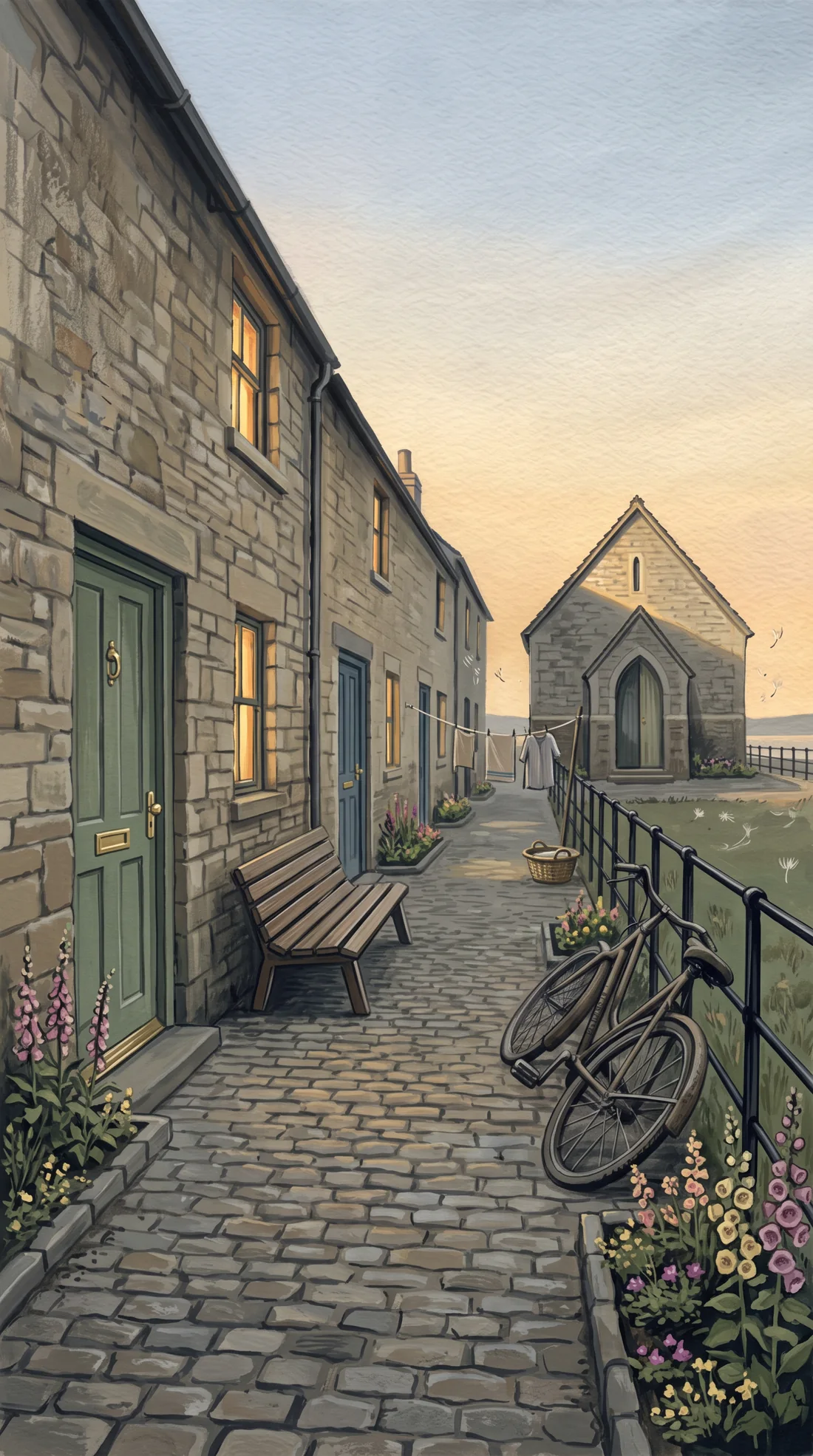 The same lane restored: swept cobbles, repainted doors, lamplight in the windows, foxgloves in the front gardens.