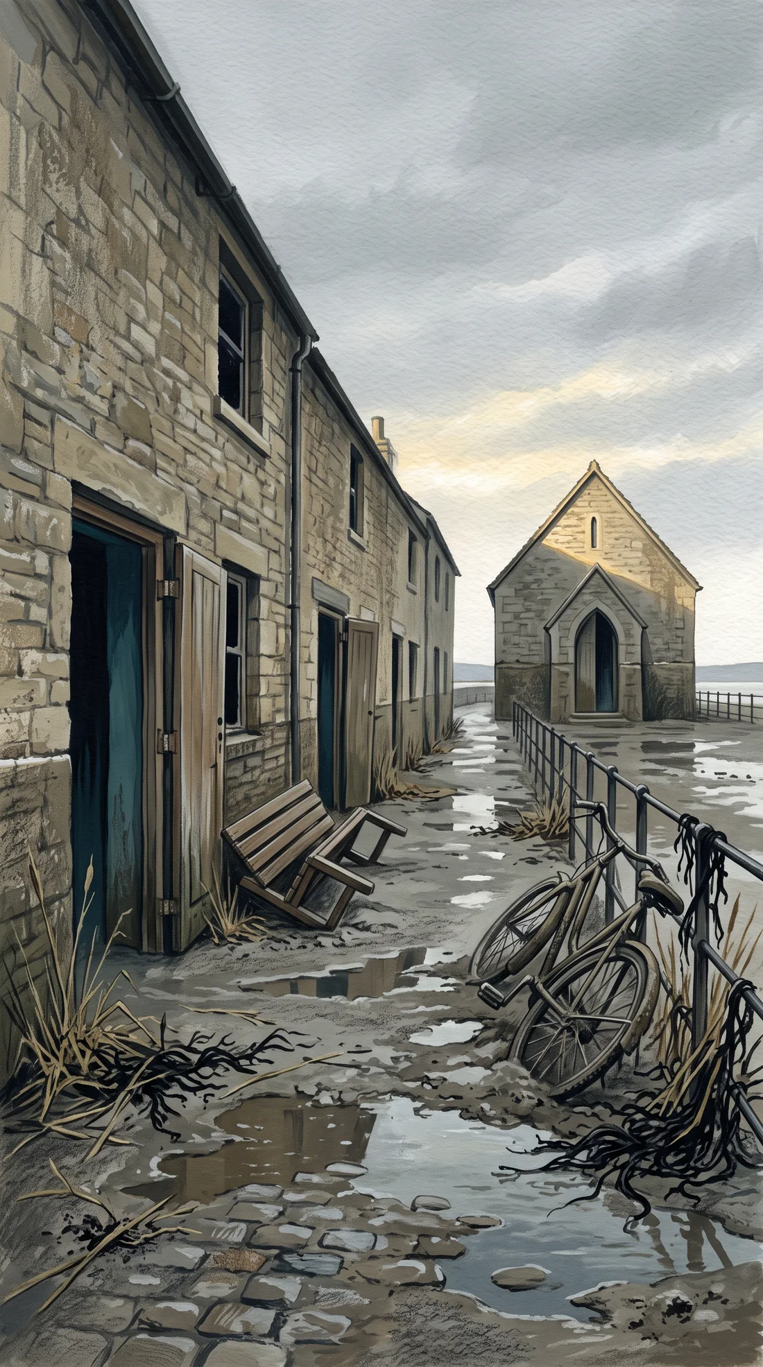 Chapel Row the day the water left: silt over the cobbles, tide line on the walls, doors hanging open.