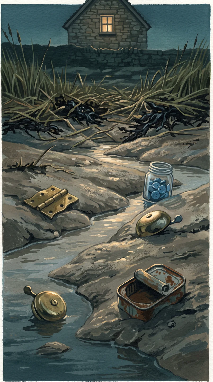 A silted foreshore at first light: a brass hinge, a jar of blue glass buttons, half a bicycle bell and a rusted seed tin half out of the mud.