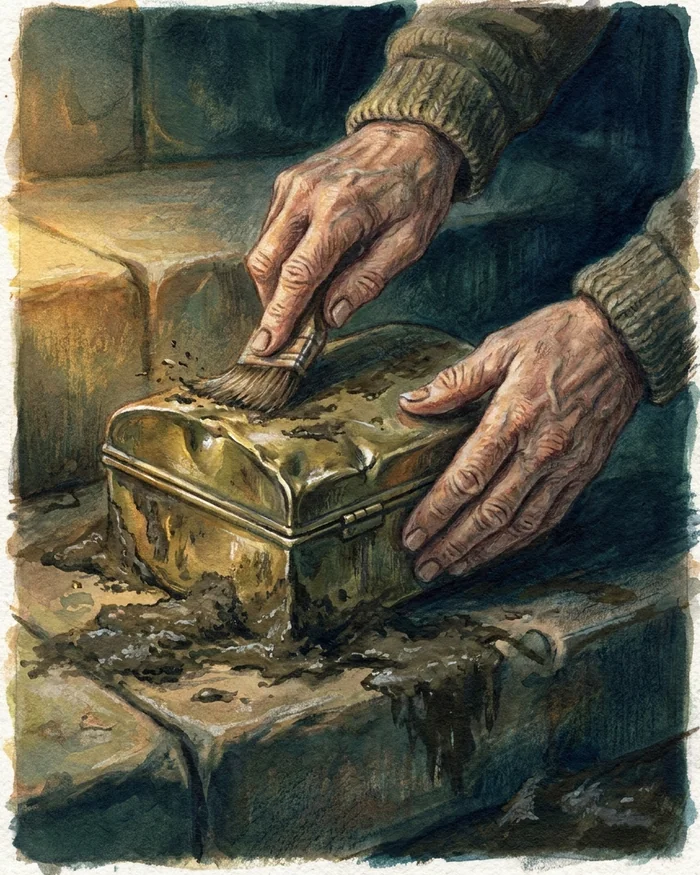 Weathered elderly hands brushing silt from a tarnished brass school register box on a stone doorstep.